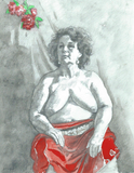 Zittende vrouw met rode doek 
