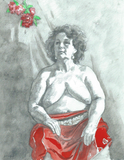 Zittende vrouw met rode doek 